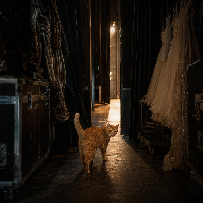 Romeow walking down a dark backstage corridor between hanging costumes and coiled ropes toward a beam of warm light.