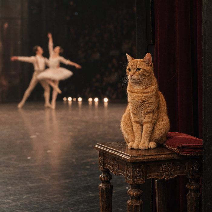 Romeow sitting upright on an antique wooden side table beside a burgundy curtain, watching two dancers perform in the background.
