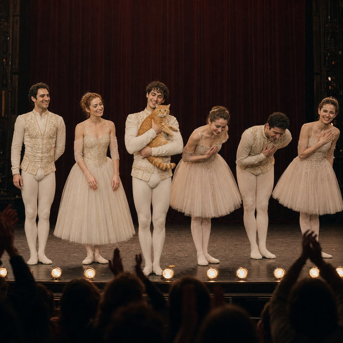 A ballet dancer holds Romeow in his arms at the curtain call while the company bows and a full amphitheatre audience applauds.