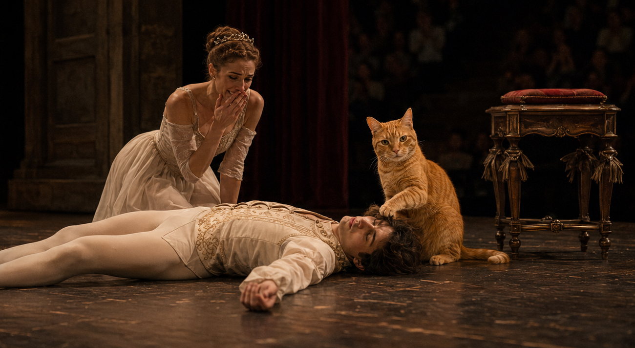 Romeow the ginger cat sits calmly beside Romeo, who lies motionless on stage, while Juliet kneels over him in shock during a ballet finale.