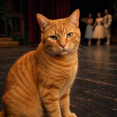 Romeow, a ginger tabby cat, seated on a theatre stage.